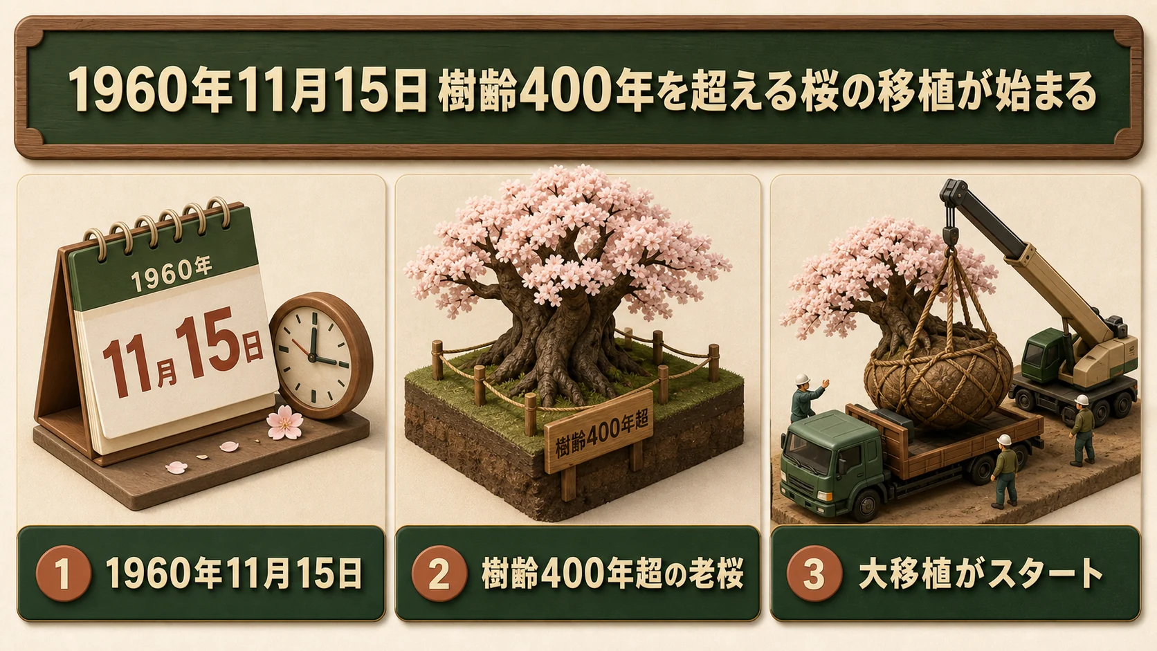 ②1960年11月15日樹齢400年を超える桜の移植が始まる