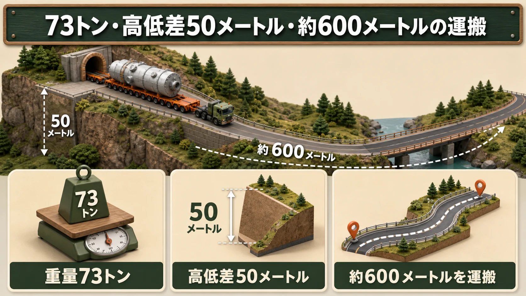 ③73トン・高低差50メートル・約600メートルの運搬
