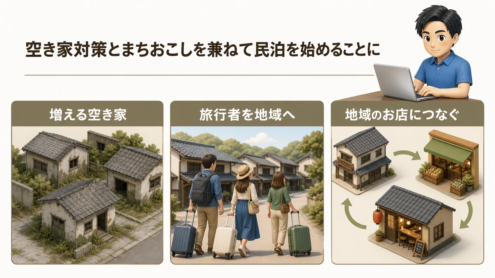空き家対策とまちおこしを兼ねて民泊を始めることにの図解