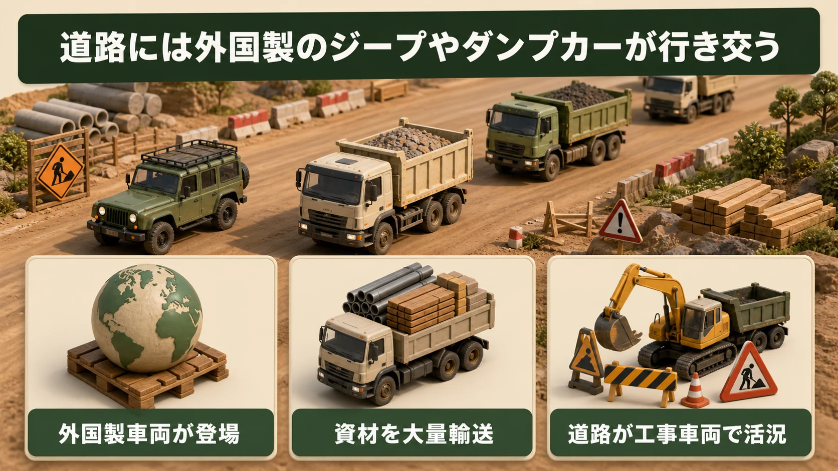 ②道路には外国製のジープやダンプカーが行き交う
