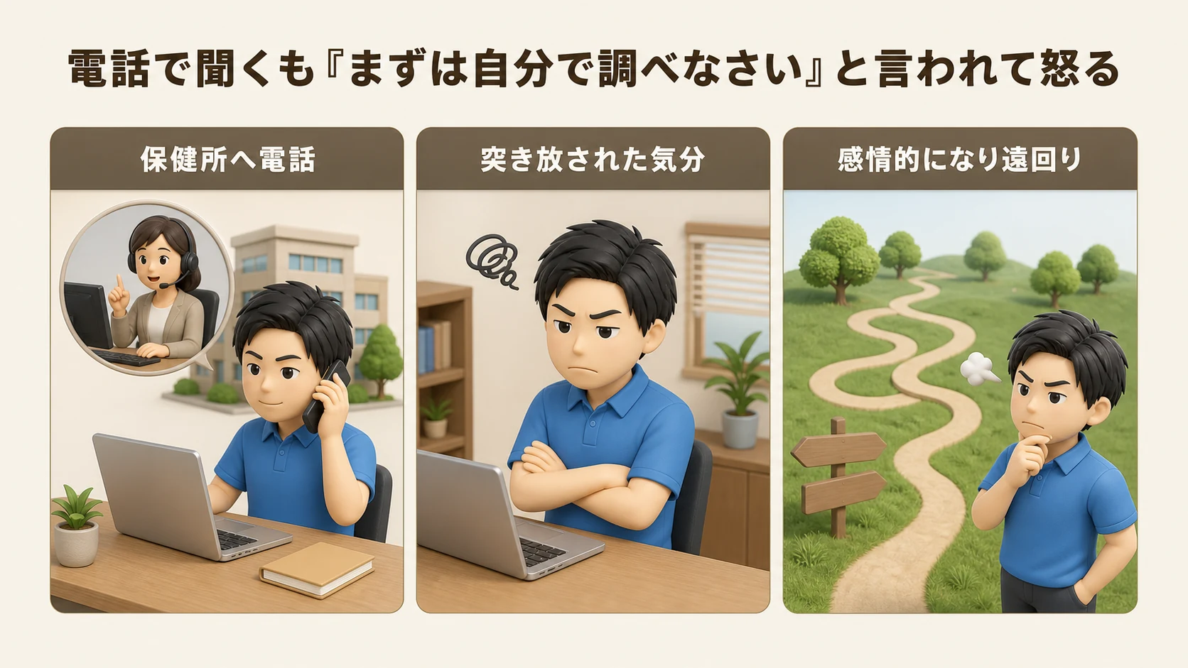 電話で聞くも「まずは自分で調べなさい」と言われて怒るの図解