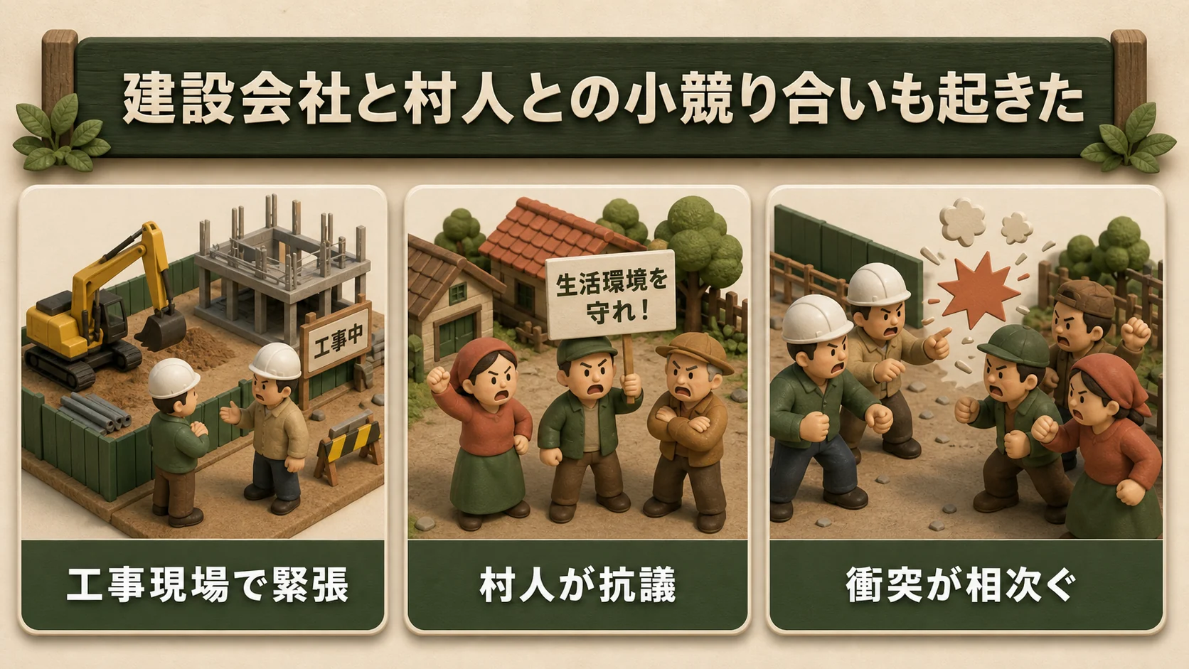 ③建設会社と村人との小競り合いも起きた