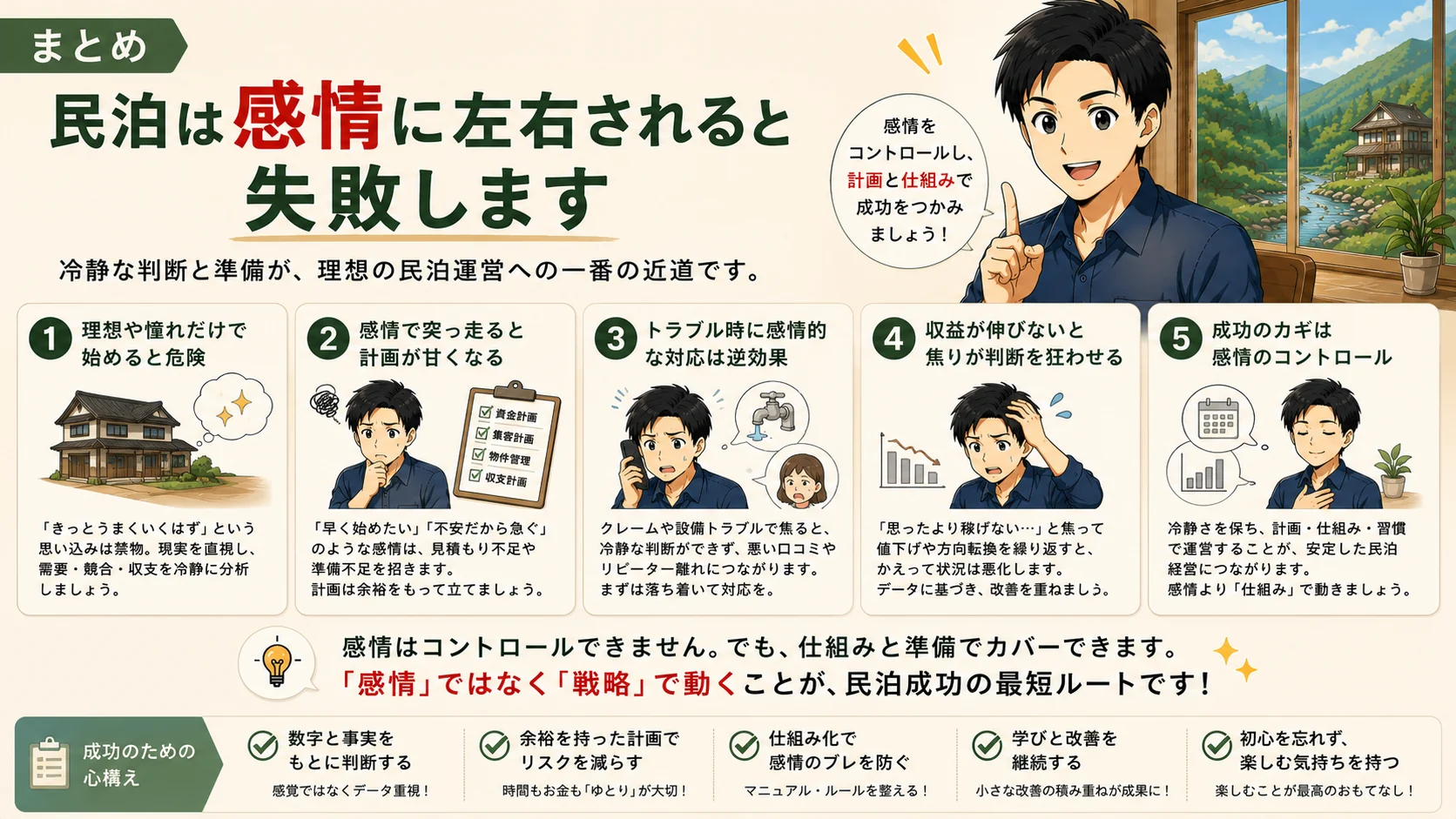 まとめ｜民泊は感情に左右されると失敗しますの図解