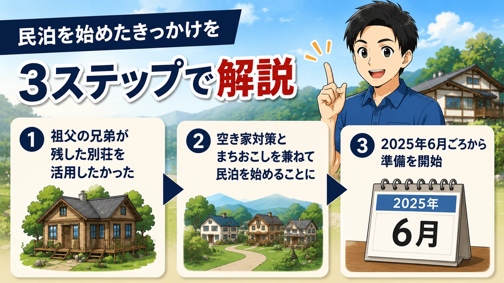 民泊を始めたきっかけを3ステップで解説の図解