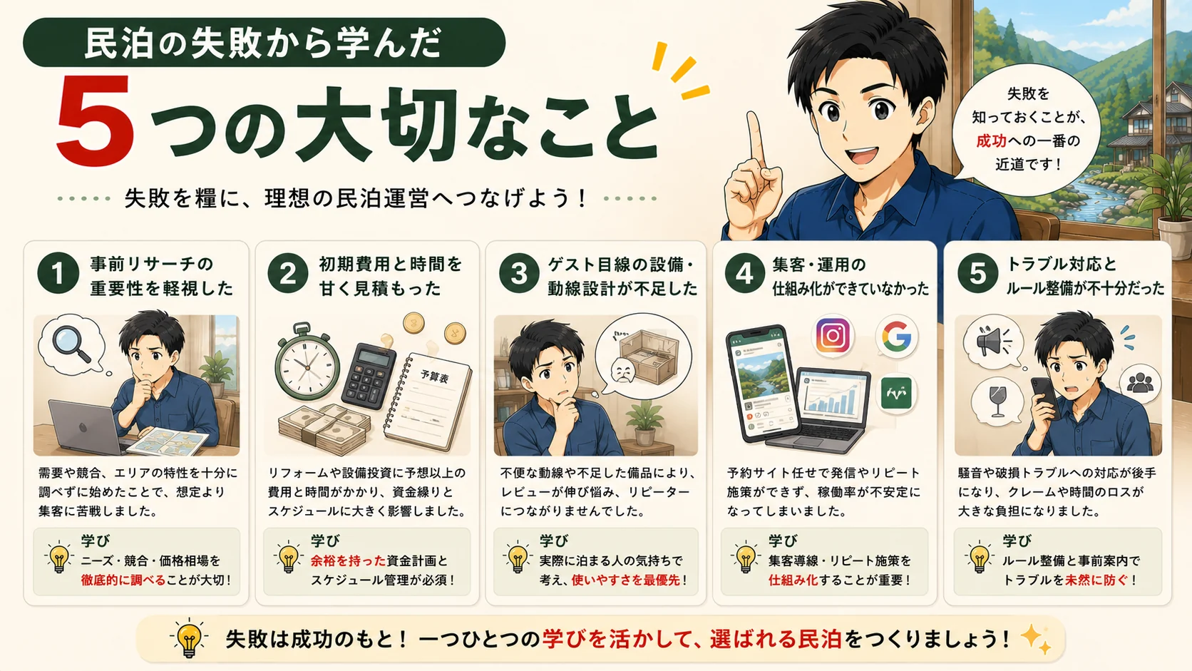 民泊の失敗から学んだ5つのことの図解