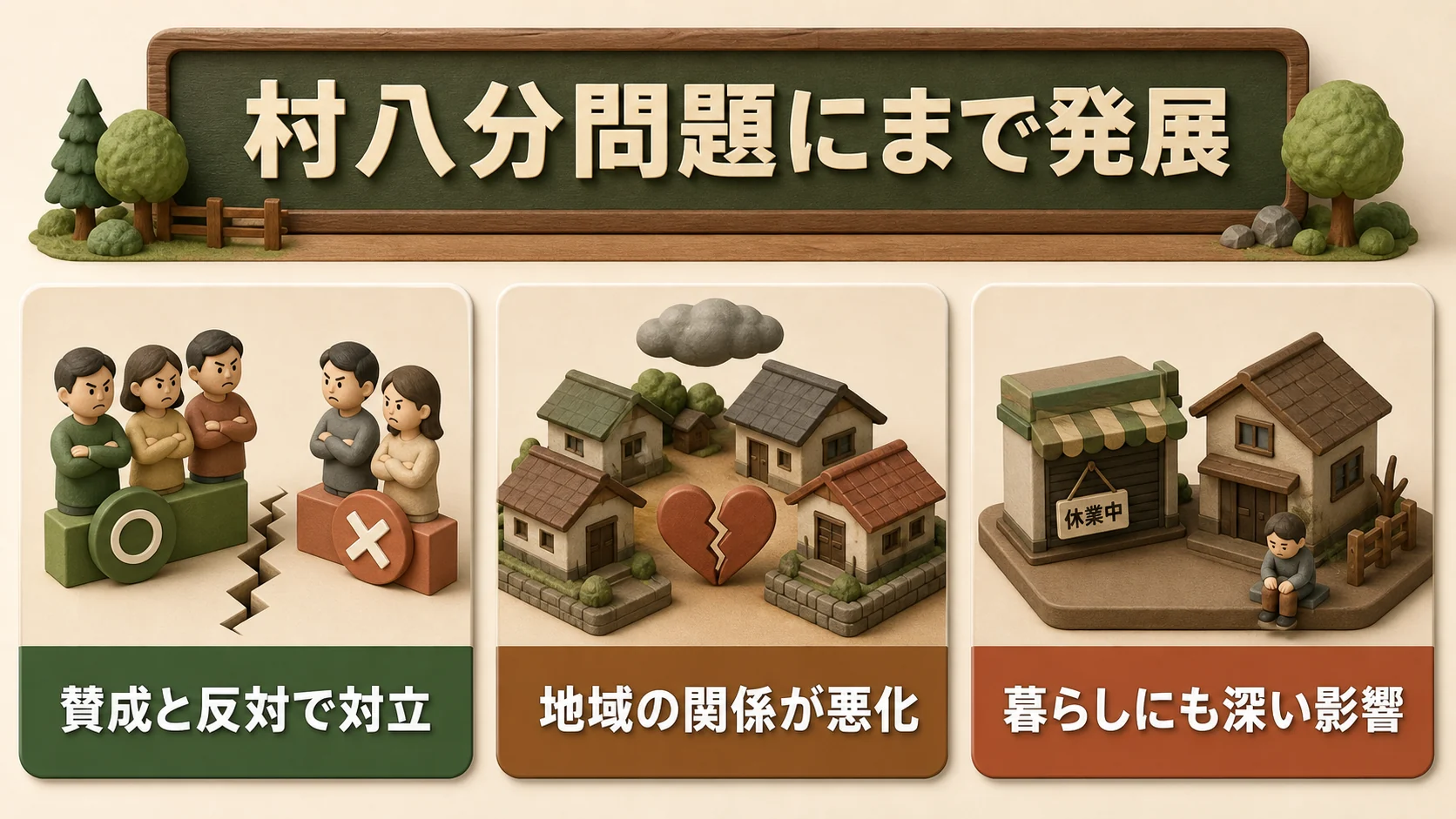 ②村八分問題にまで発展