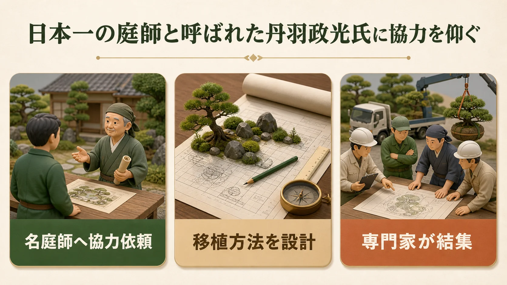 ①日本一の庭師と呼ばれた丹羽政光氏に協力を仰ぐ