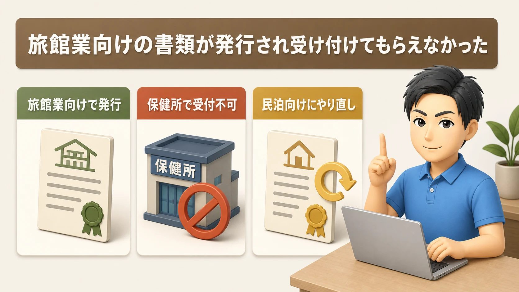 旅館業向けの書類が発行され受け付けてもらえなかったの図解