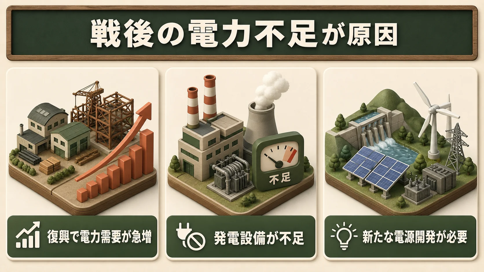①戦後の電力不足が原因