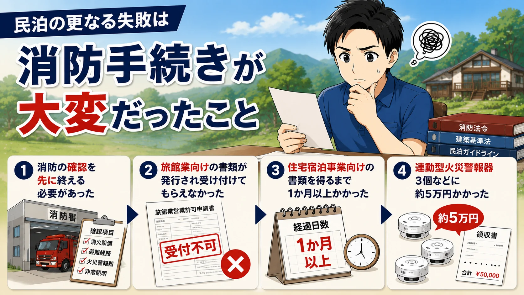 民泊の更なる失敗は消防手続きが大変だったことの図解