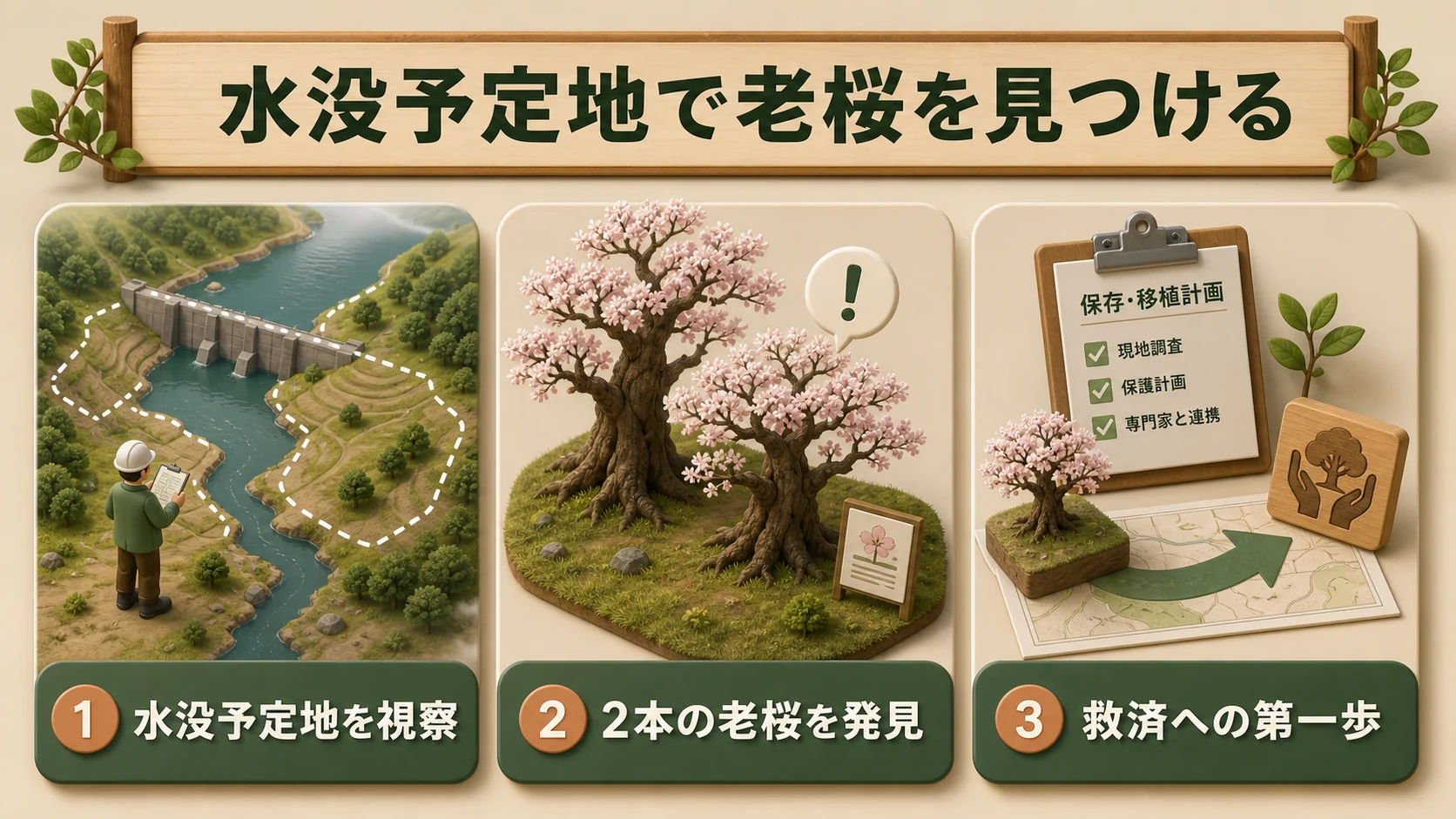 ①水没予定地で老桜を見つける