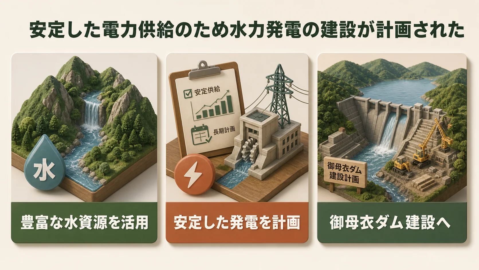 ③安定した電力供給のため水力発電の建設が計画された