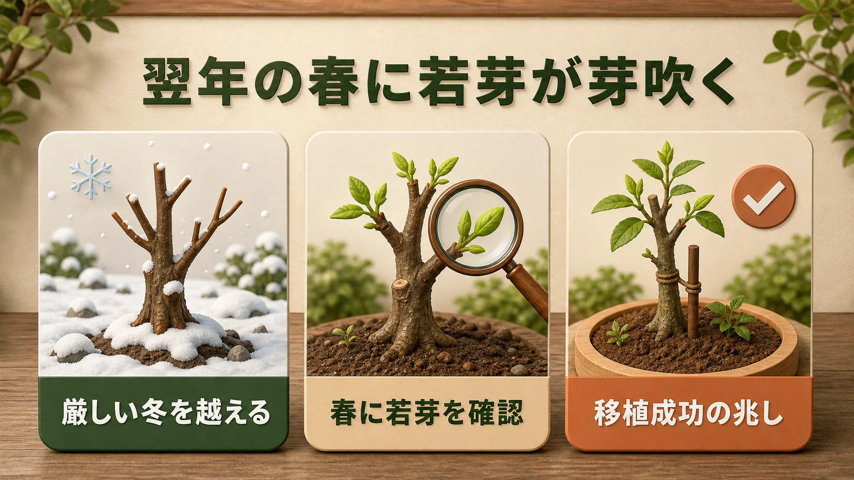②翌年の春に若芽が芽吹く