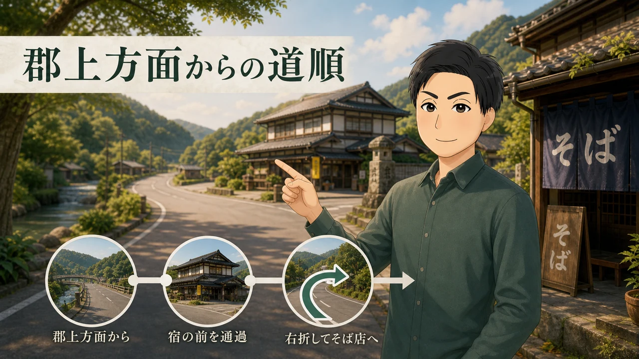 ②郡上方面から来た場合は荘水館を過ぎた信号を右折してすぐ