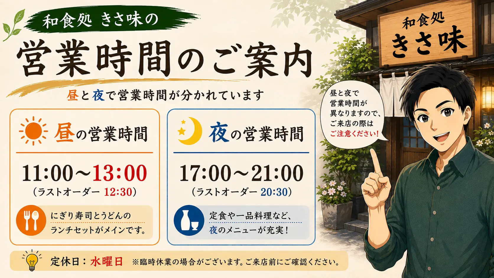 昼と夜で営業時間が分かれている