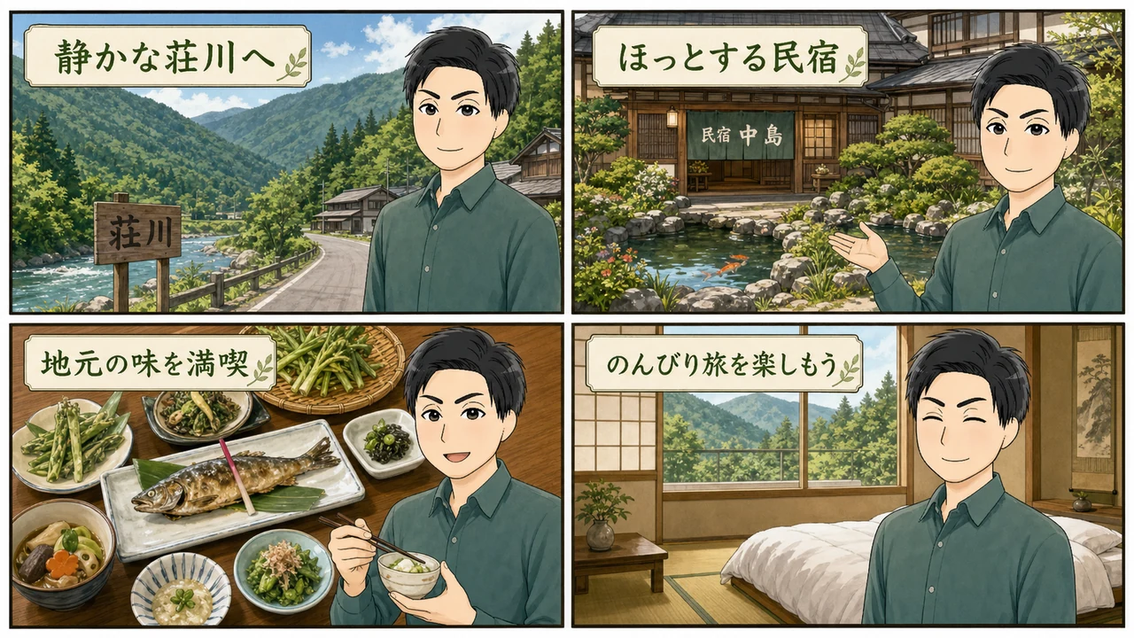 民宿 中島と荘川旅を紹介する4コマ漫画
