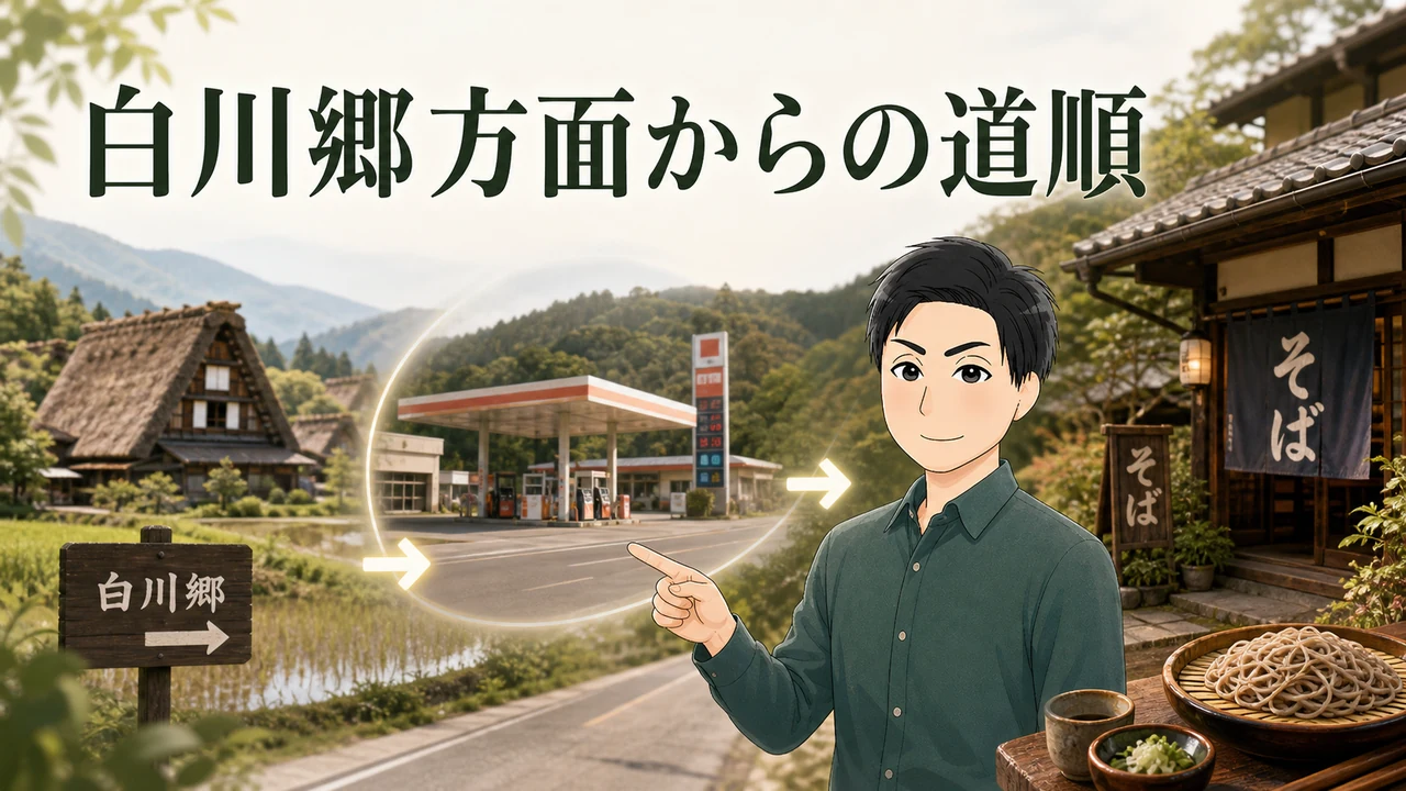 ④白川郷方面から来た場合はガソリンスタンドを過ぎてすぐ