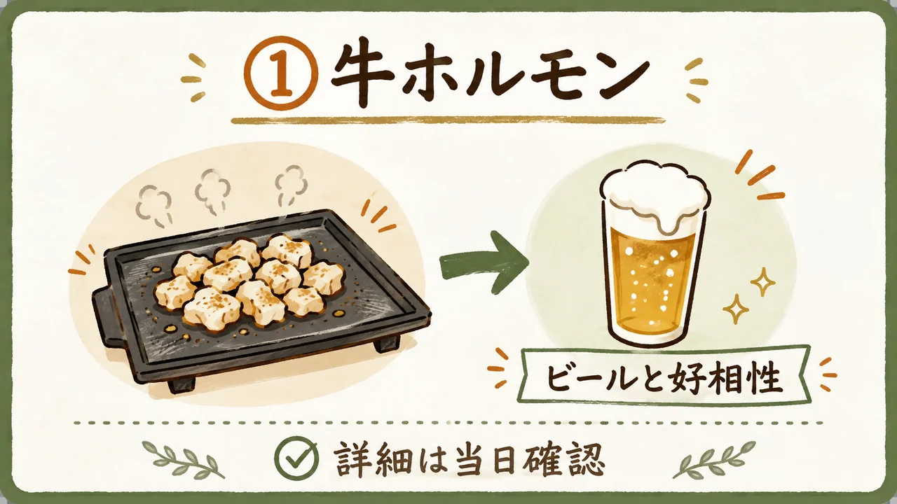 石松の牛ホルモンとビールの相性を示す図解