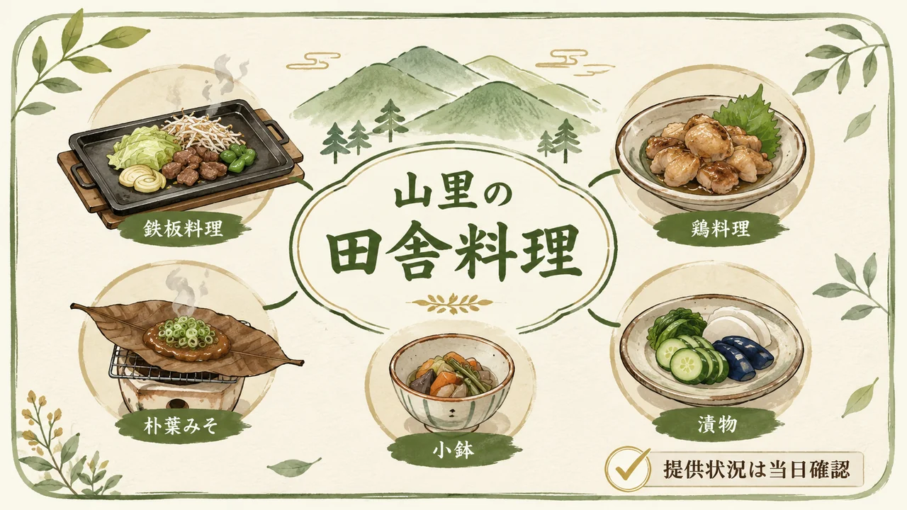 石松で味わえる山里の田舎料理の種類を示す図解