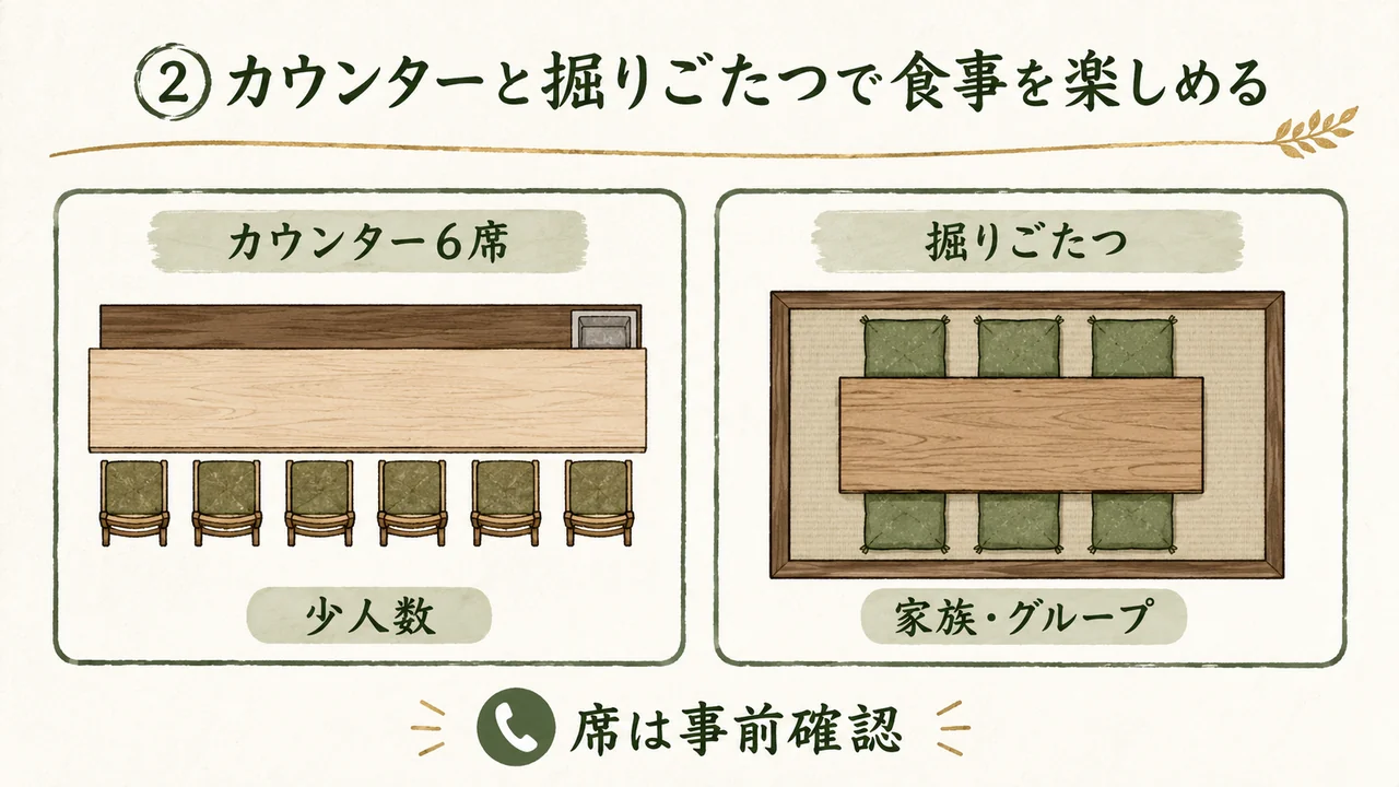 石松のカウンター席と掘りごたつ席を比較する図解