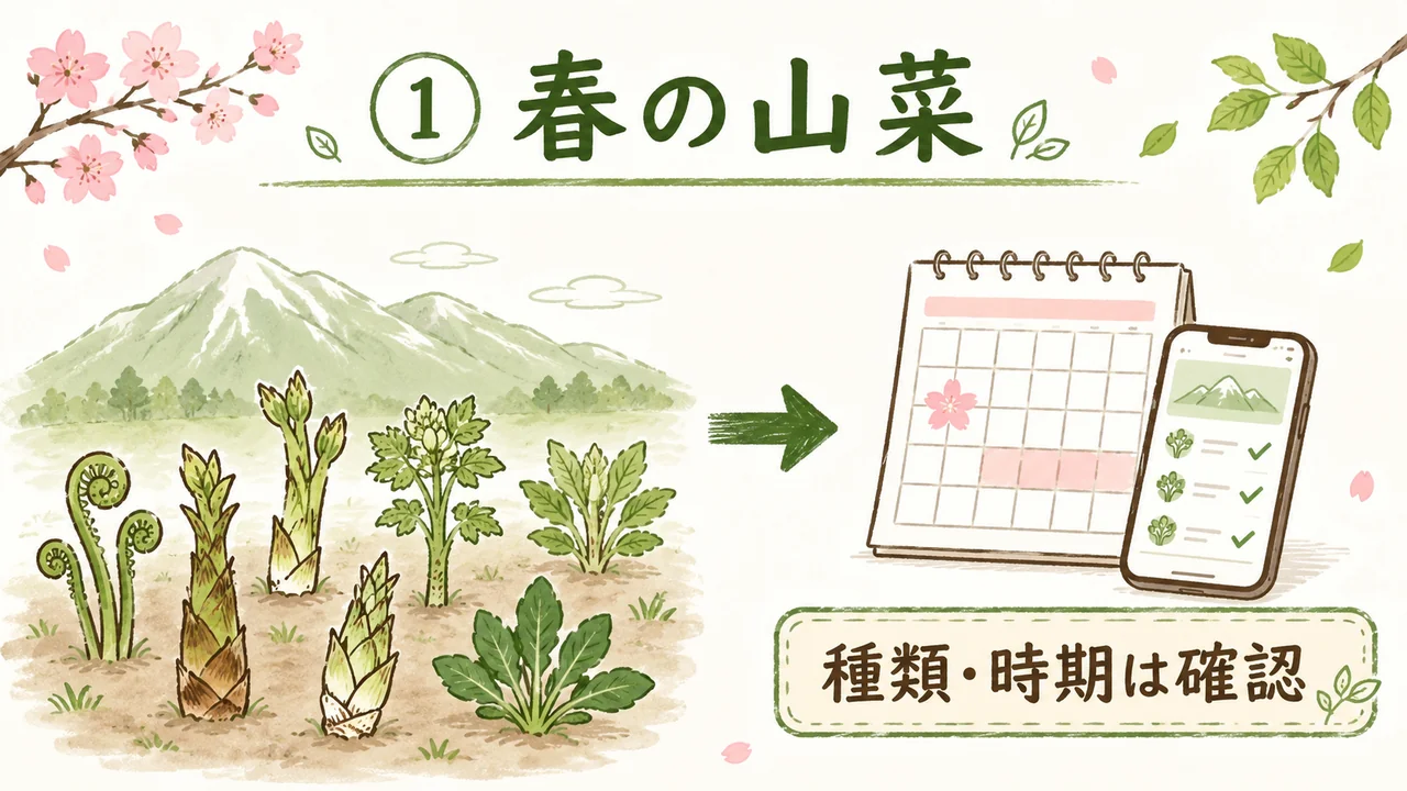 石松の春の山菜料理は種類と提供時期の確認が必要だと示す図解