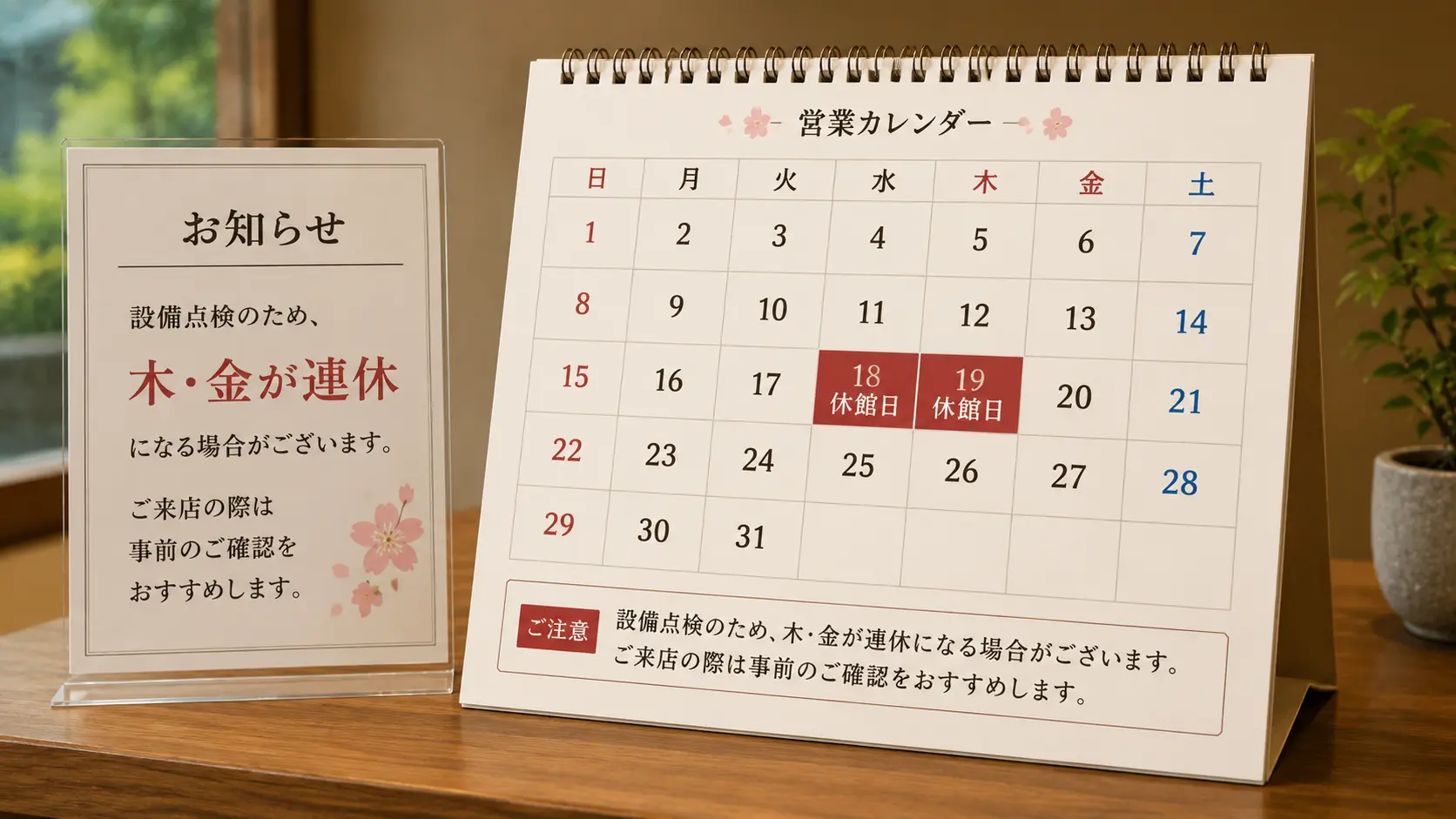点検のため木・金が連休になる場合もある