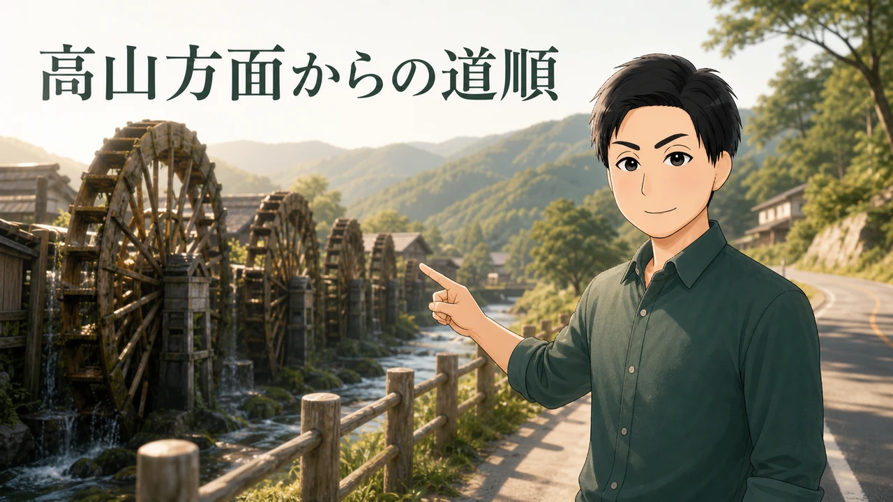 ③高山方面から来た場合は五連水車を過ぎて3分ほど